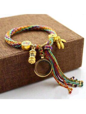 Bracelet. Colorful Woven Threads & Tassel. Glass Photo Locket & Charms. Beaded.